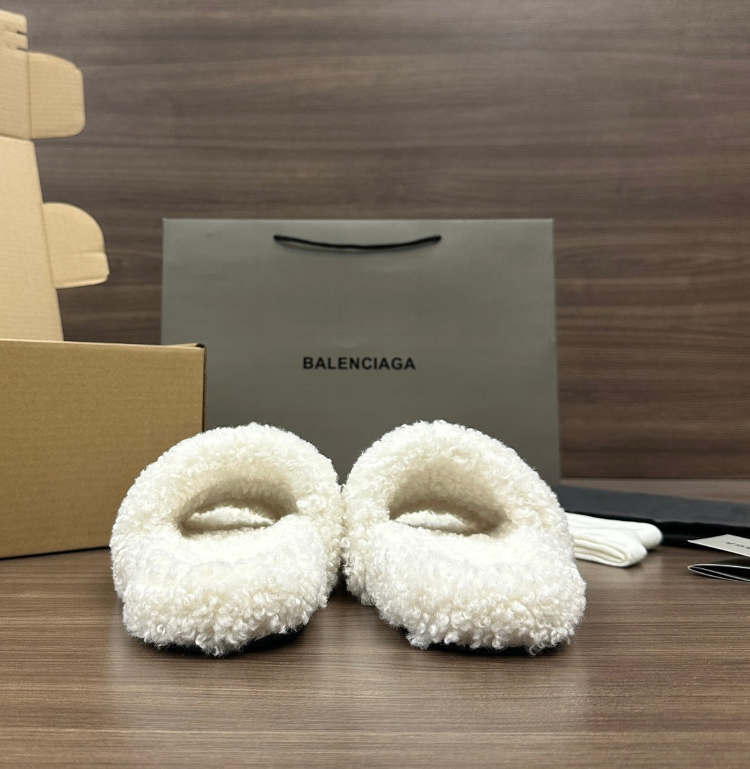 Balenciaga white teddy slide sandals with curved open-toe design