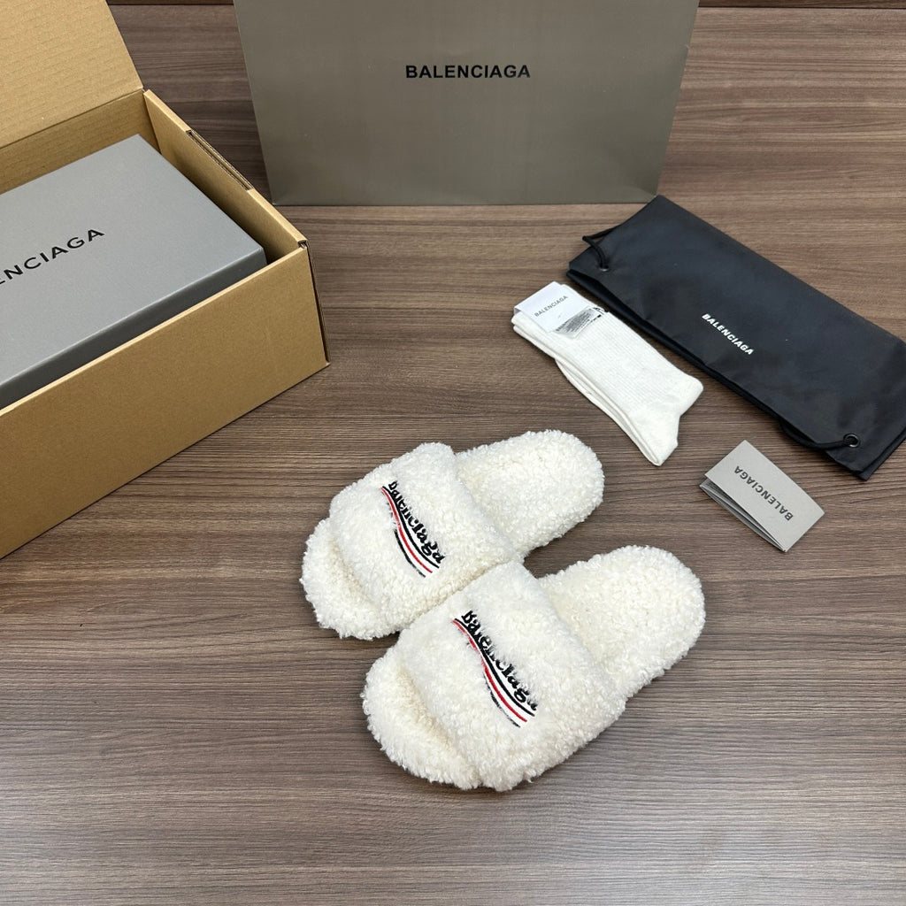 Balenciaga white teddy slide sandals with logo patch and striped trim