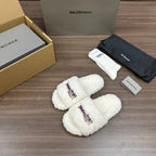 Balenciaga white teddy slide sandals with logo patch and striped trim