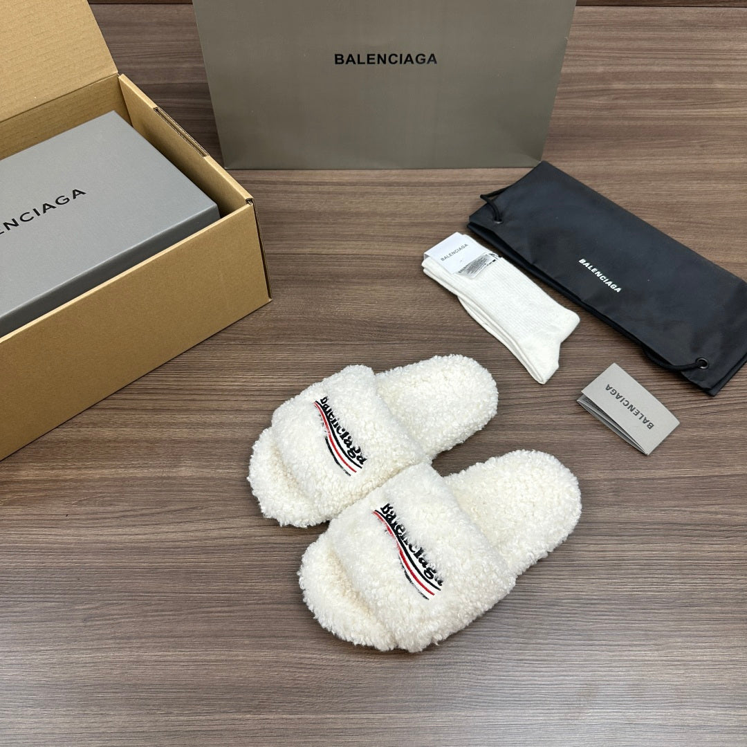 Balenciaga white teddy slide sandals with logo patch and striped trim