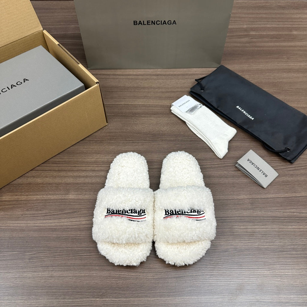 Balenciaga white fuzzy slide sandals with logo straps