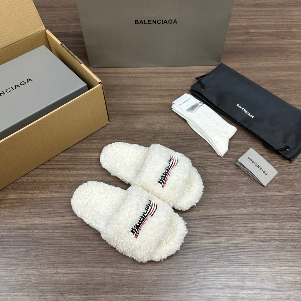 Balenciaga white teddy slide sandals with logo patch, cross strap