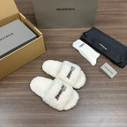 Balenciaga white teddy slide sandals with logo patch, cross strap