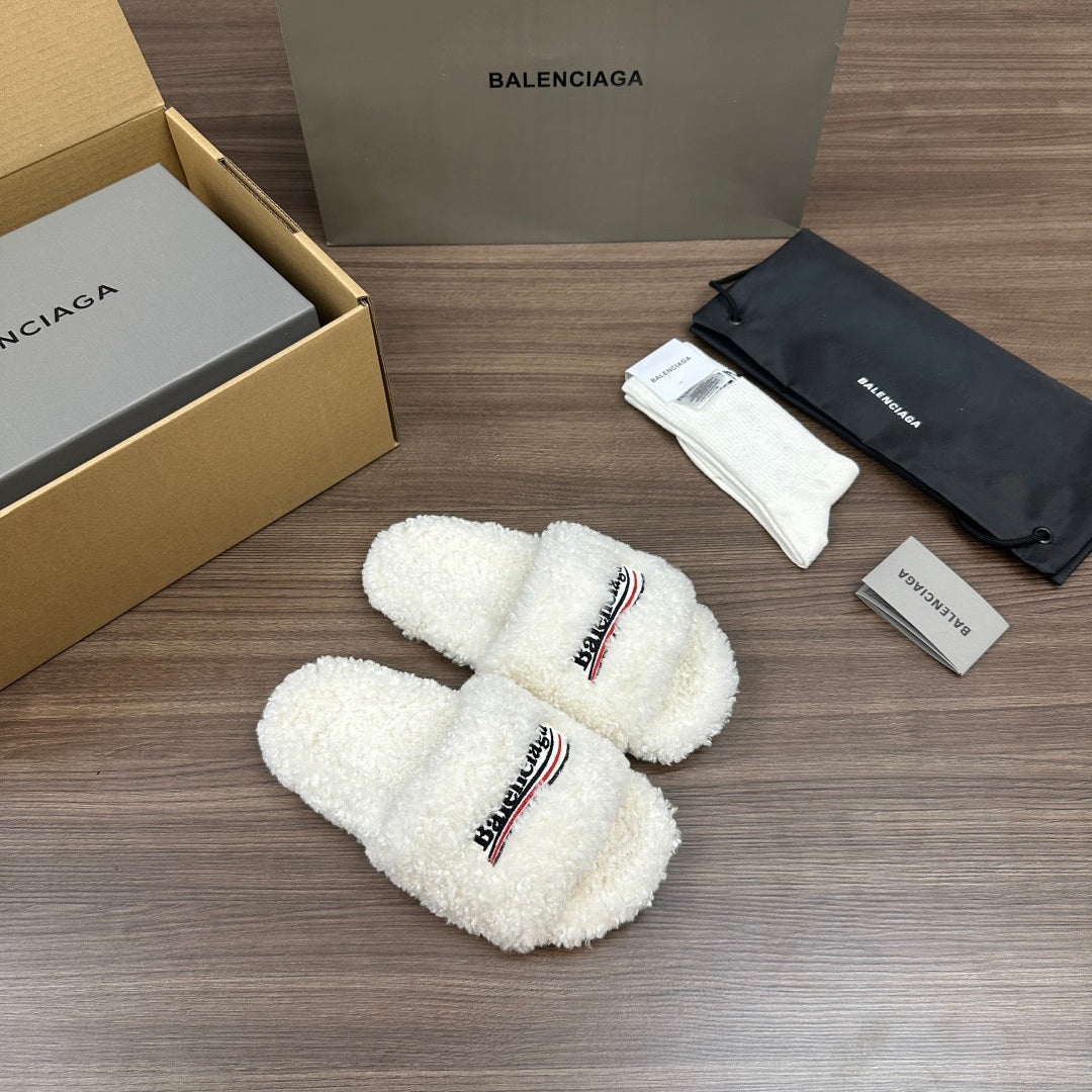 Balenciaga white teddy slide sandals with logo patch, cross strap