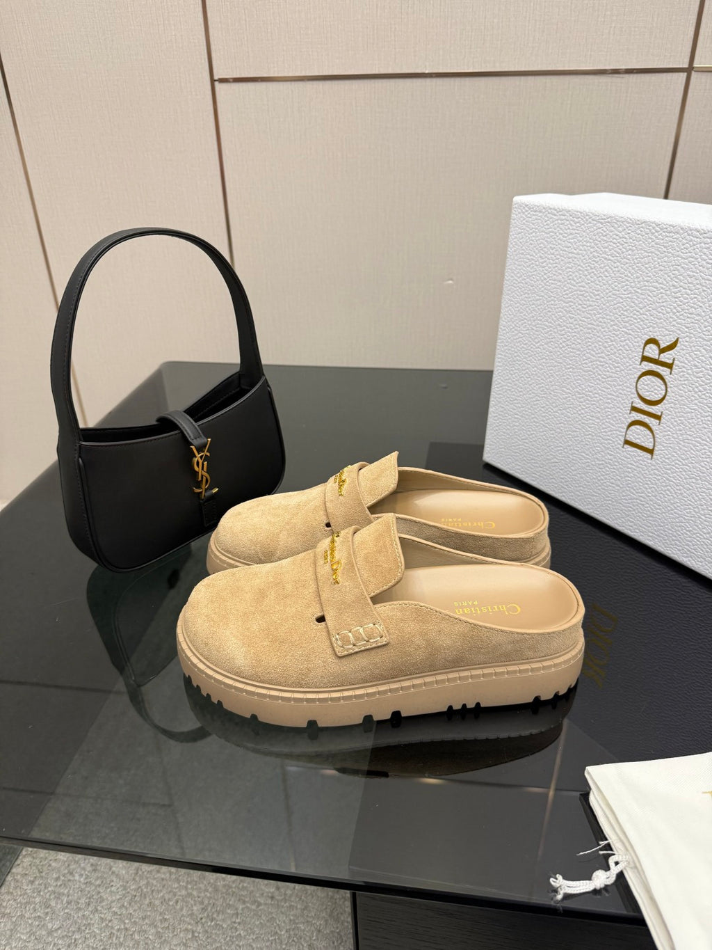 Beige suede mule loafers with front strap and chunky rubber sole, Dior