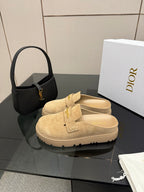 Beige suede mule loafers with front strap and chunky rubber sole, Dior