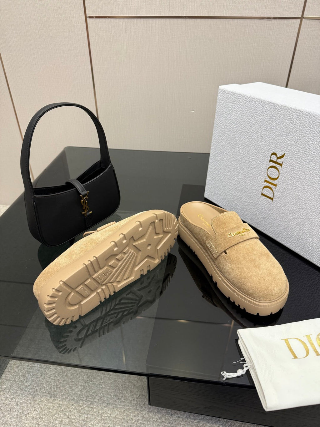 Beige suede mule loafers with textured outsole tread, Dior
