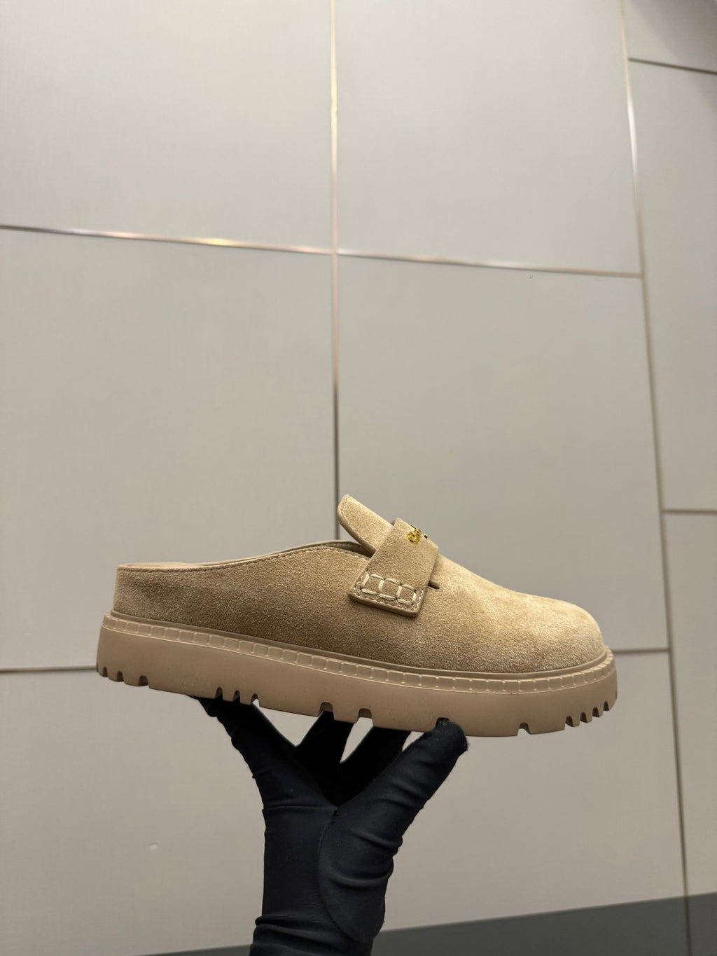 Beige suede mule loafer with square front strap and low sole, Dior