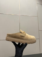 Beige suede mule loafer with square front strap and low sole, Dior