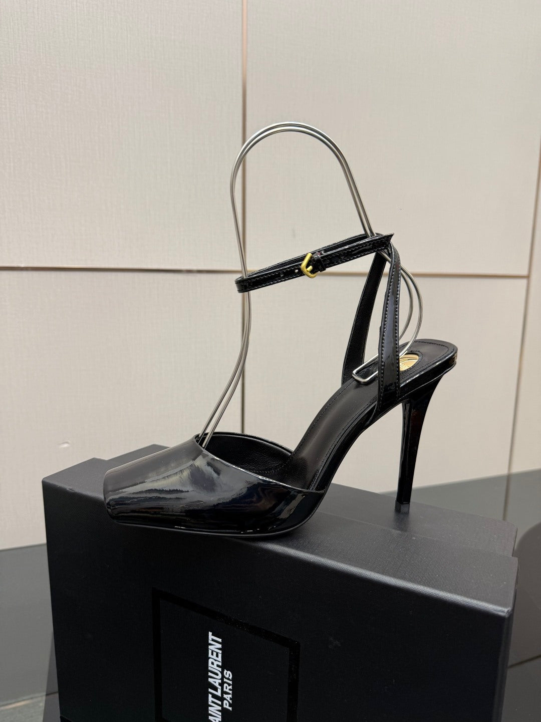 YSL ladies black patent heeled sandal, slim stiletto heel, ankle strap