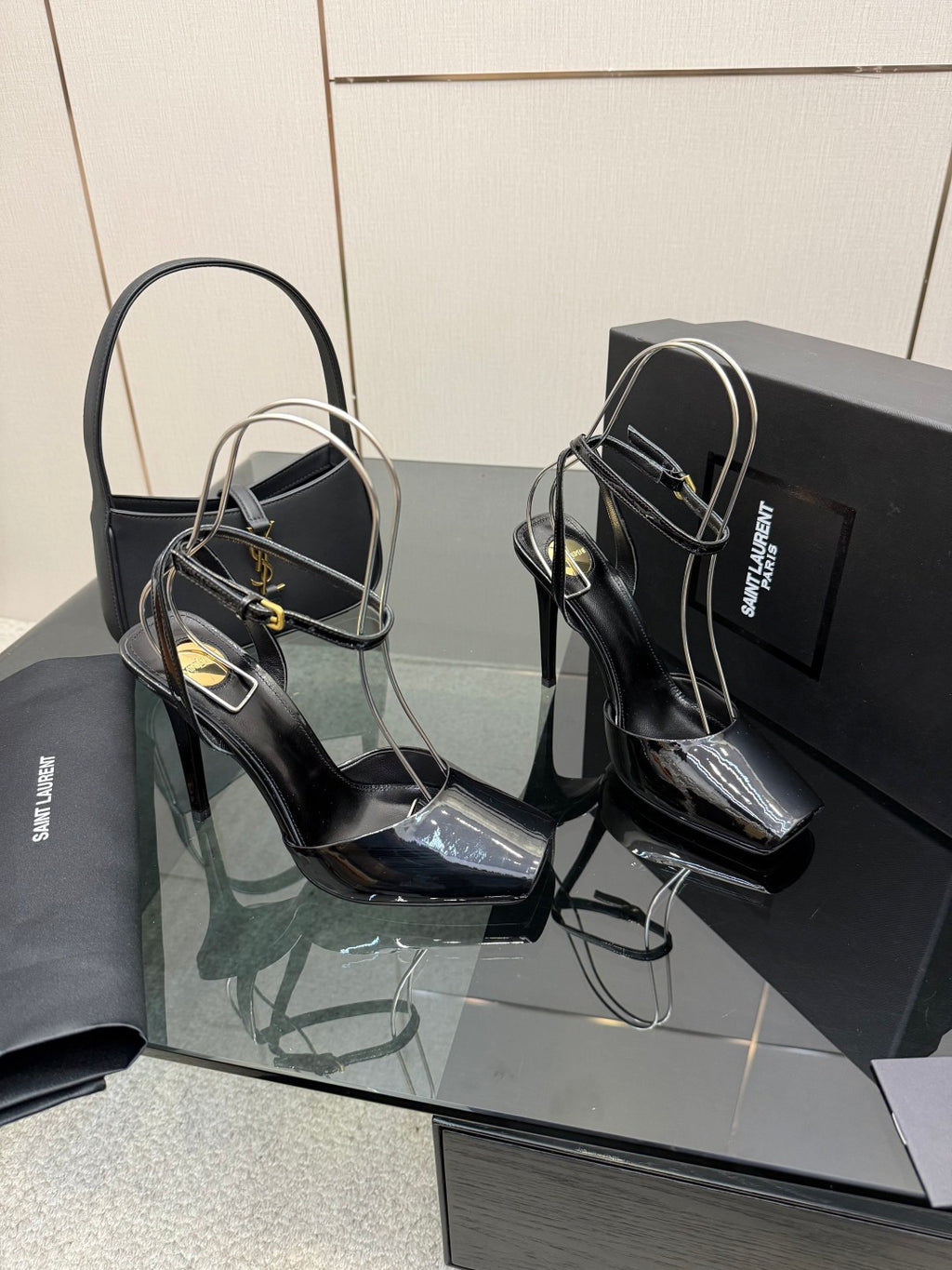 YSL ladies black patent heeled sandals, open toe, slim stiletto heel