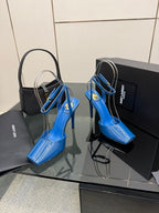Women's blue patent heeled sandals with thin ankle straps, open toe and stiletto heel