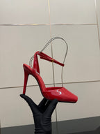 Red patent slingback stiletto heel with open side and thin ankle strap