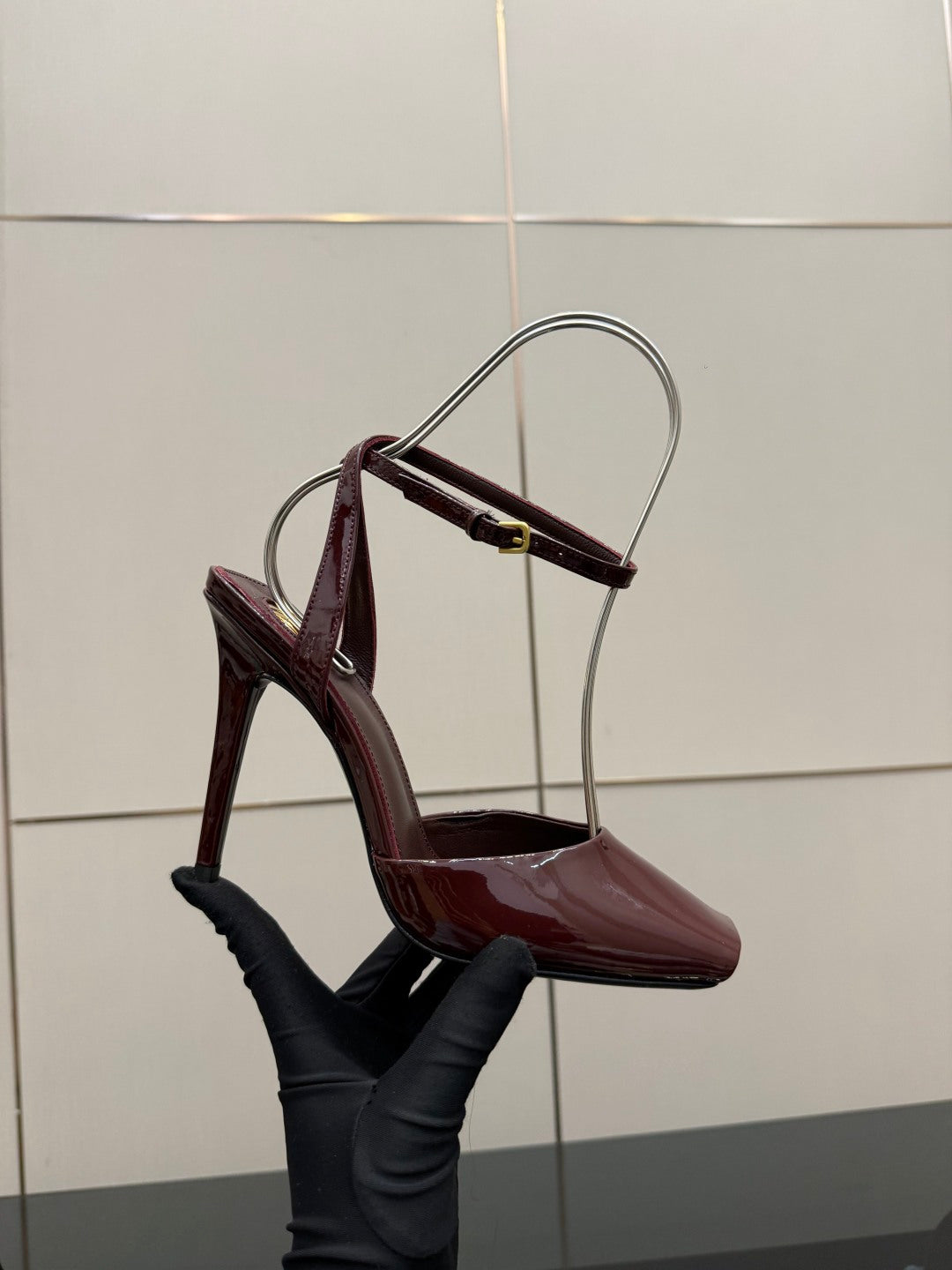 Burgundy patent stiletto sandal with open toe and ankle strap, side view