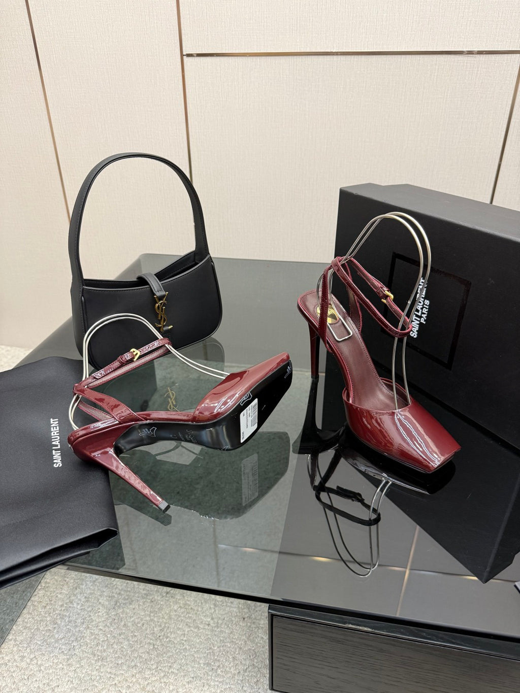 Burgundy patent high-heel sandals, open toe with slim cross straps