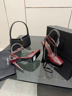 Burgundy patent high-heel sandals, open toe with slim cross straps