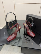 Burgundy patent high-heel sandals, open toe with narrow ankle straps