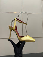 Women’s gold high-heel mule sandal with red insole and thin ankle strap