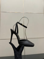 YSL black high-heel sandal side view with open toe and wraparound ankle strap