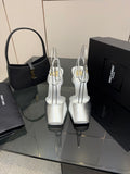 Silver high-heel sandals with thin ankle-strap and open toe.