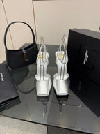 Silver high-heel sandals with thin ankle-strap and open toe.