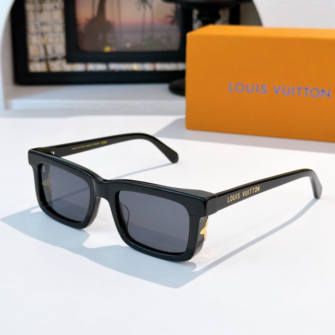 Louis Vuitton sunglasses with black frames and dark gray lenses