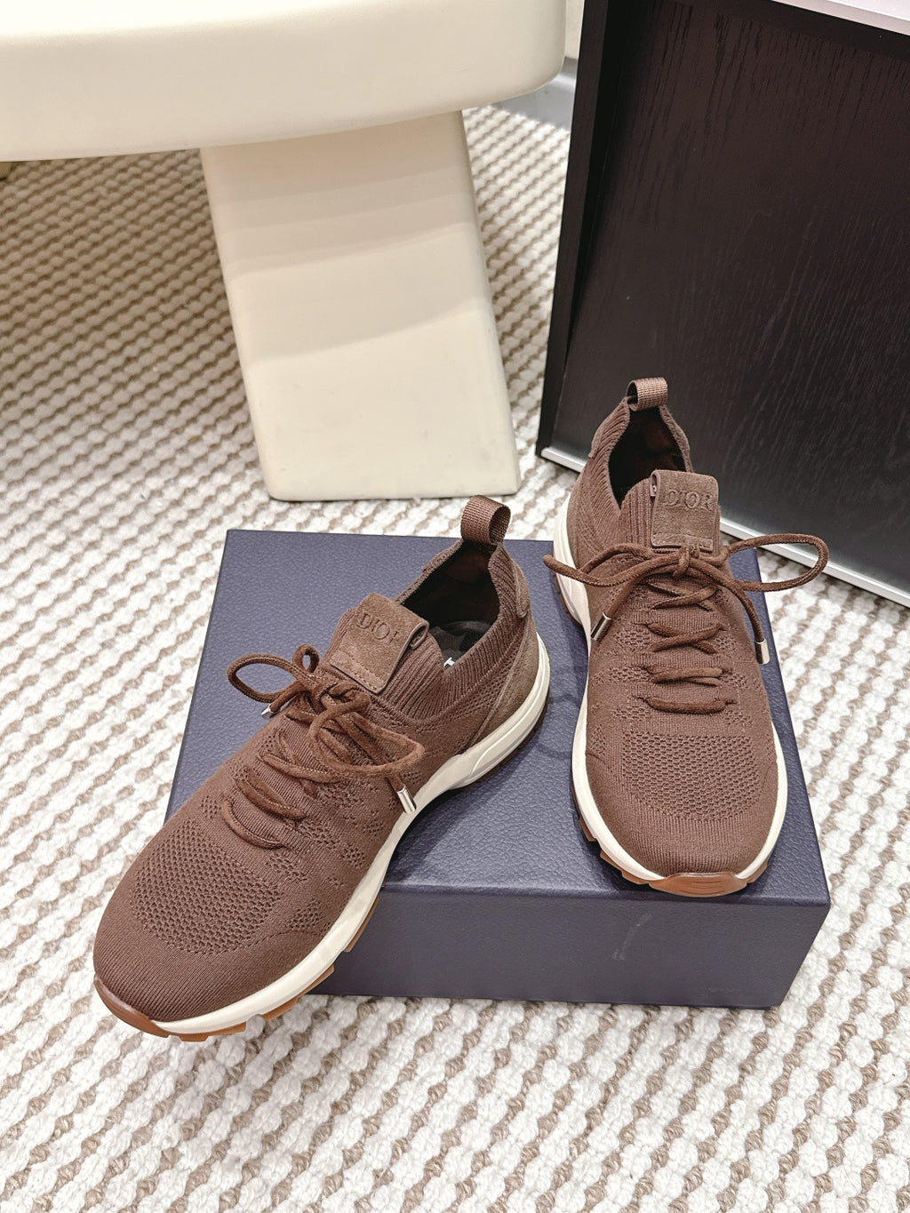 Brown unisex knit lace-up sneakers with white rubber sole