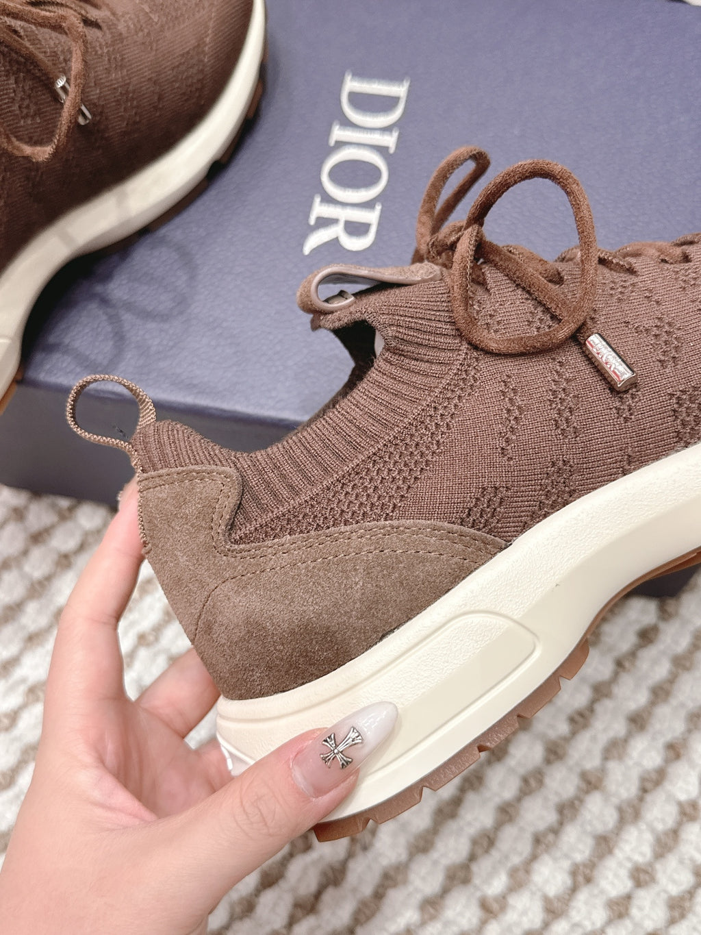 Brown unisex knit sneaker with lace-up front and side stitch detail