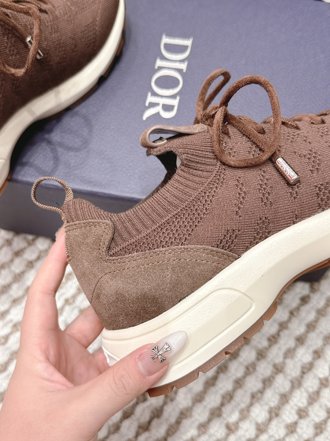 Brown unisex knit sneaker with lace-up front and side stitch detail