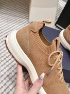 Beige Dior knit sneaker upper detail, elastic collar and lace-up with white midsole