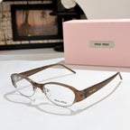 Miu miu eyeglasses with brown tortoiseshell frame and clear lenses, curved rectangular shape