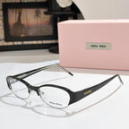 Miu miu eyeglasses with dark frame and clear lenses, curved rectangular shape