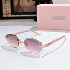 MiuMiu sunglasses with pink tint lenses, rose frames and gold temple details