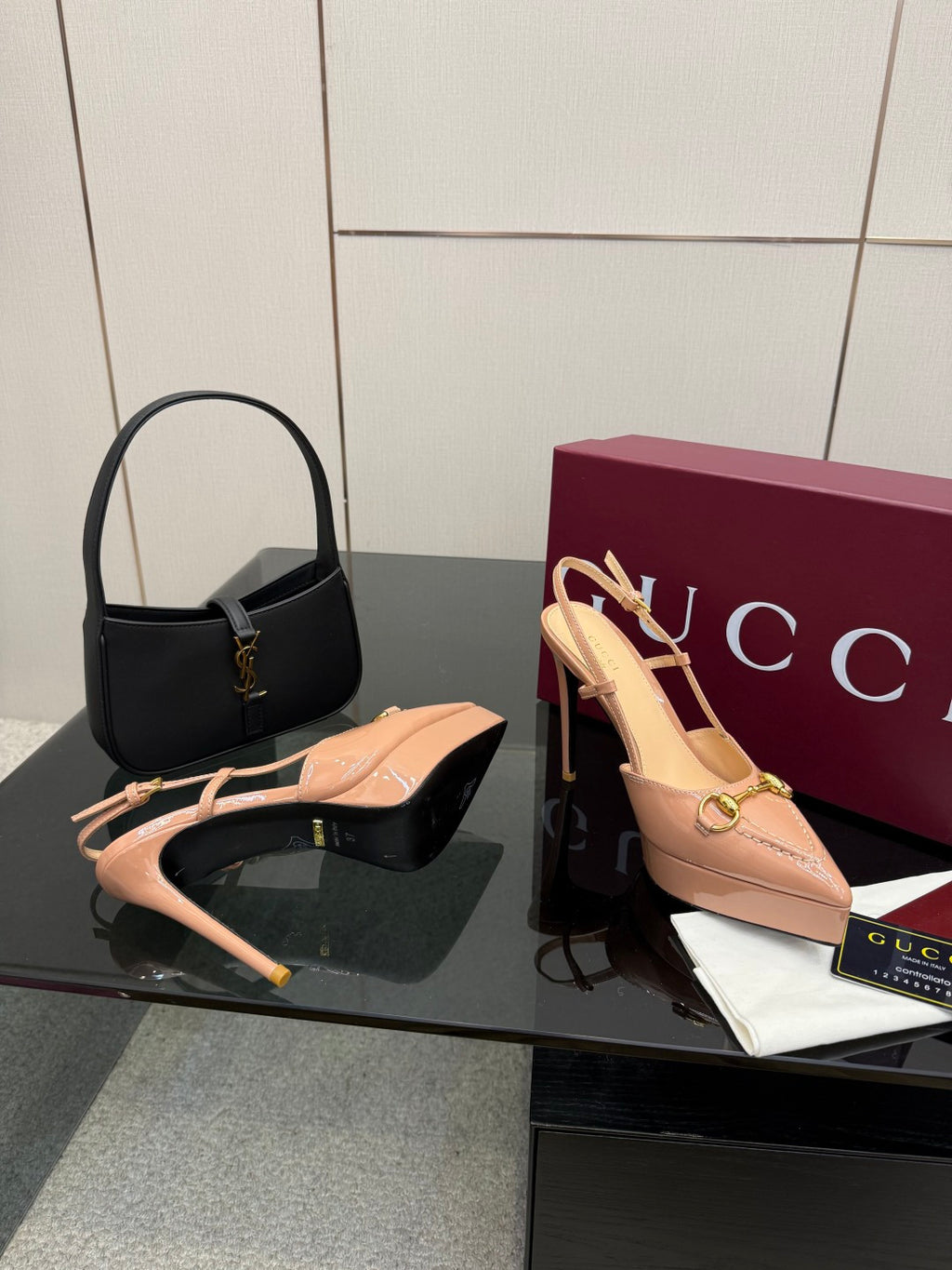 Beige slingback platform pumps with gold-tone buckle and stiletto heel, side view