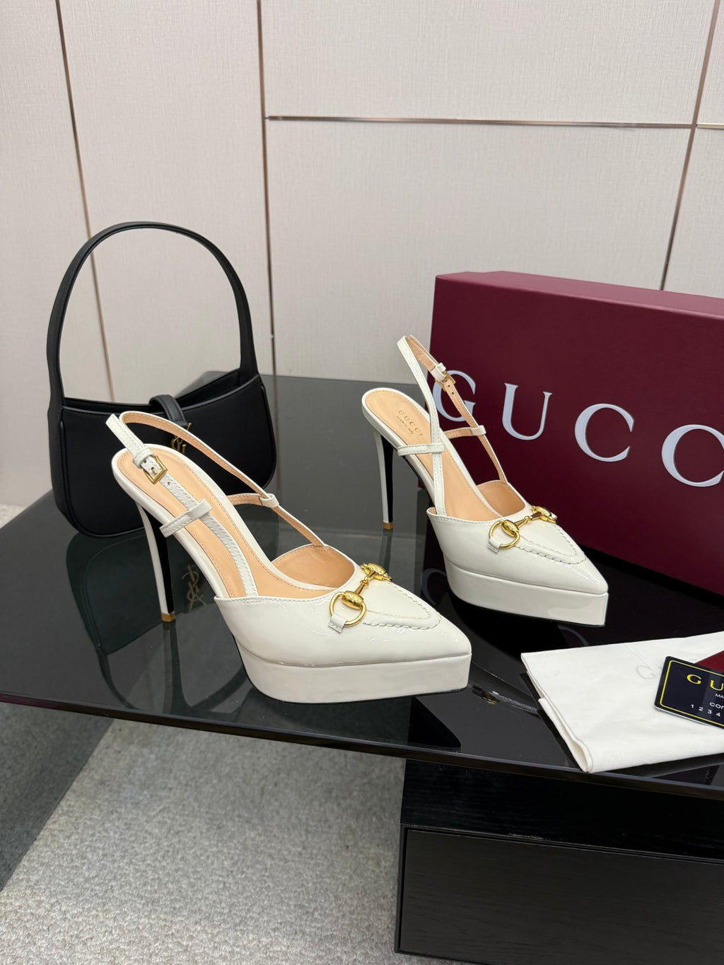 White Gucci slingback platform heels with gold strap detail
