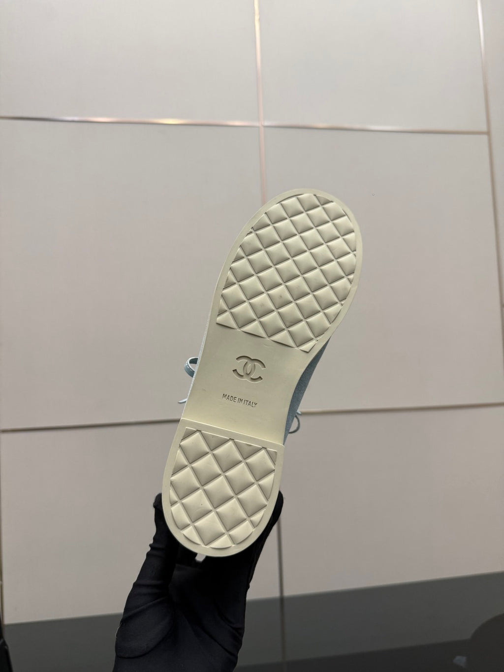 Chanel women's light-blue sneaker outsole with diamond tread pattern