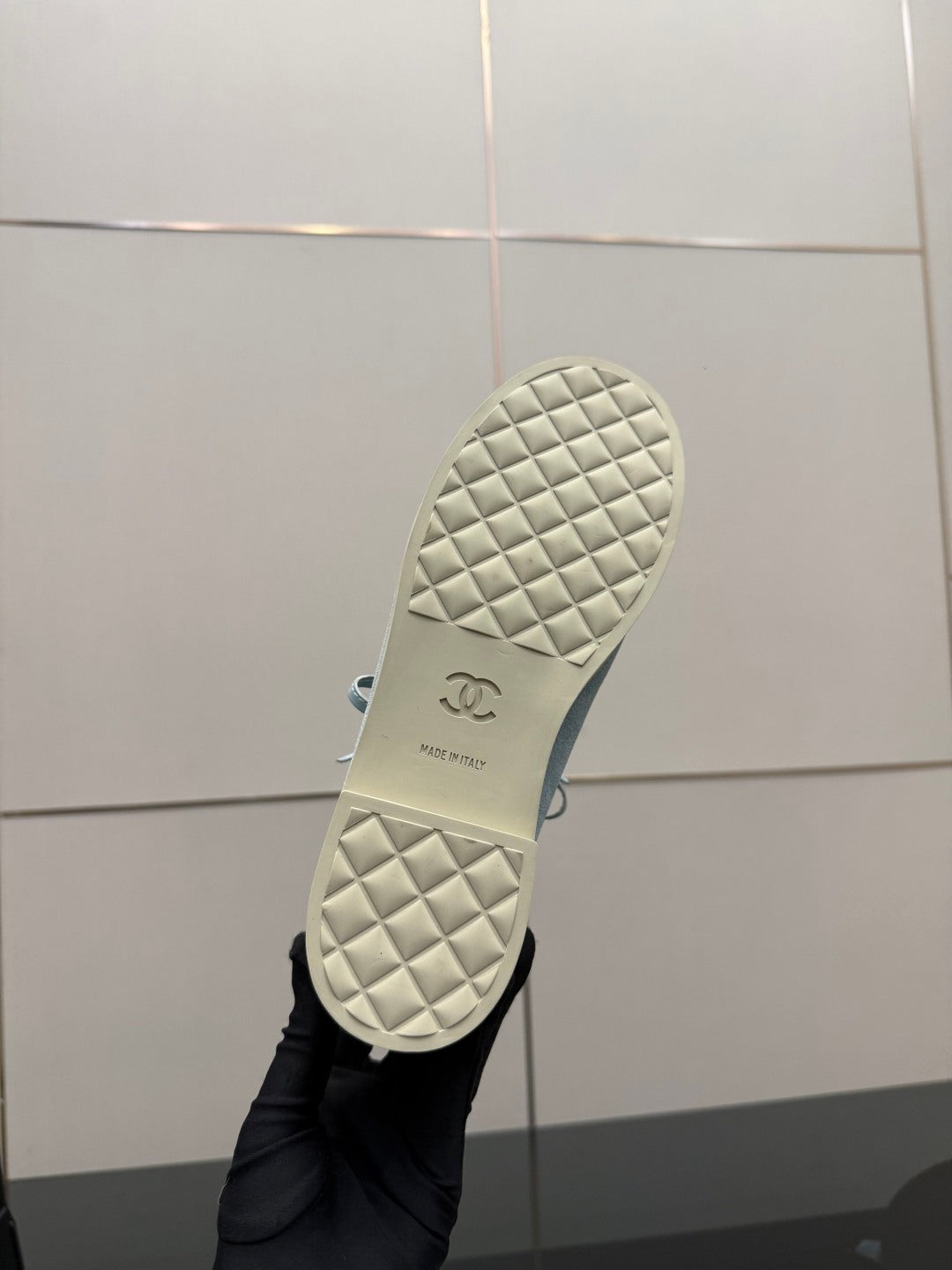 Chanel women's light-blue sneaker outsole with diamond tread pattern