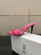 Dior ladies pink mule on white box, buckle strap and high stiletto heel