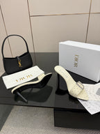 Dior ladies cream pointed-toe mule heels with studded strap and high heel