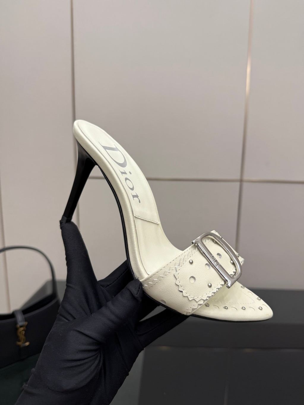 Dior ladies cream mule with buckle strap and high stiletto heel