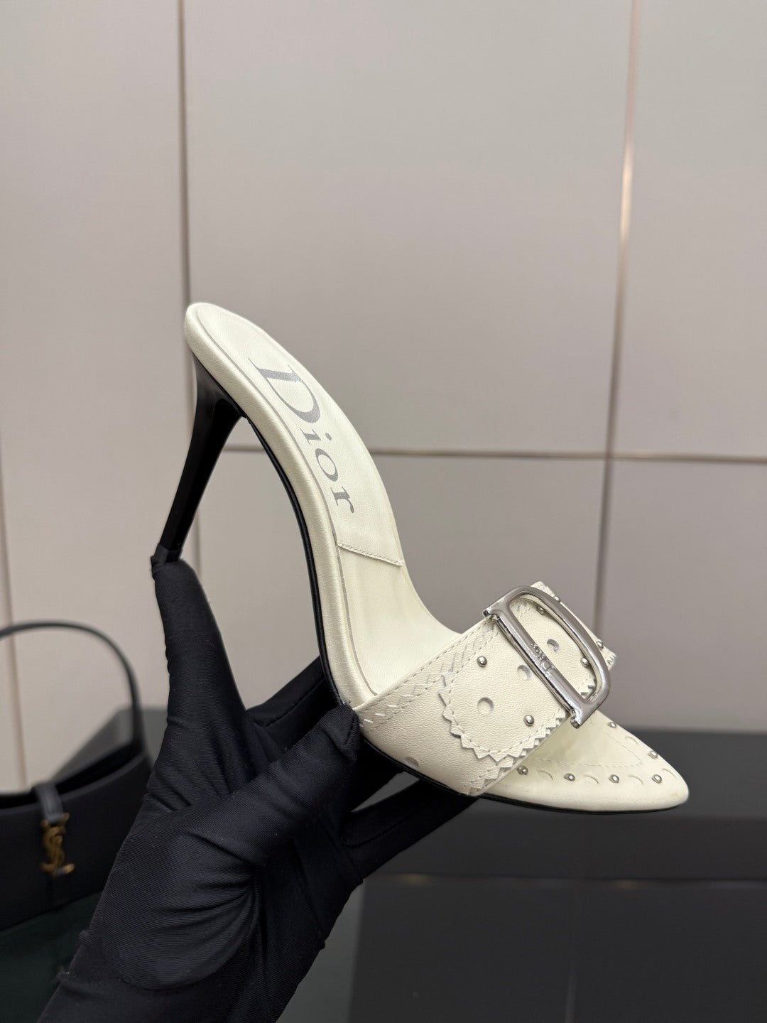 Dior ladies cream mule with buckle strap and high stiletto heel