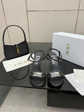 Black strappy heeled sandals with Dior logo straps and ankle buckle.
