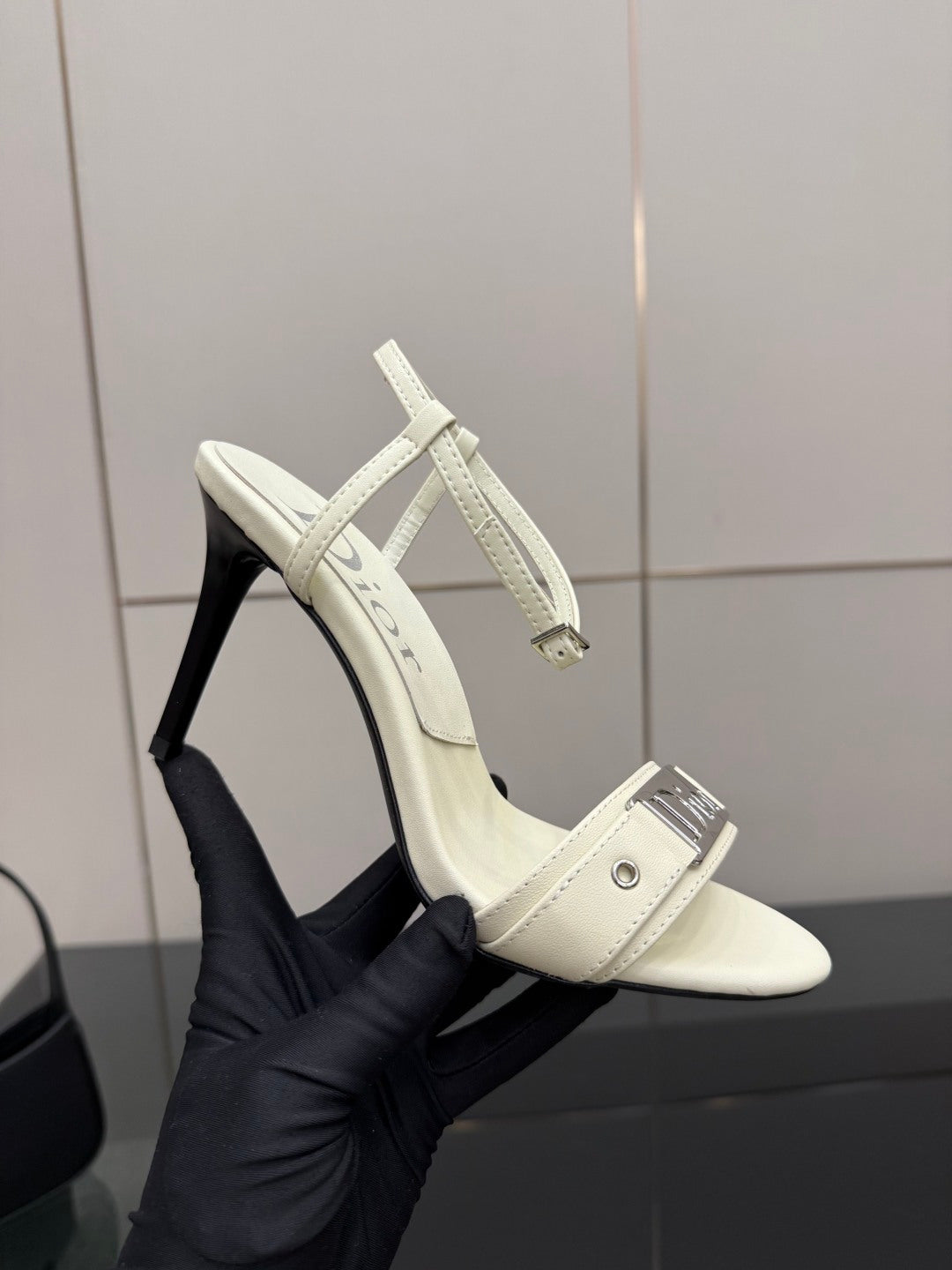 Cream heeled sandals with ankle strap and Dior logo, open toe