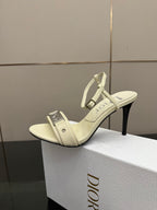 Cream slingback sandal with ankle strap and thin heel, Dior logo on strap