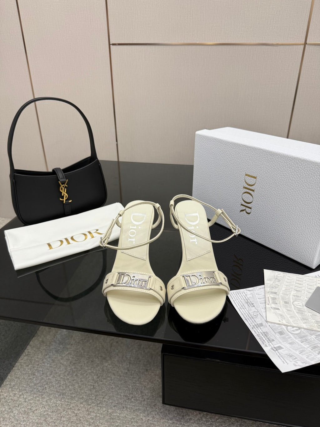 Cream slingback sandals with ankle strap and thin heel, Dior logo detail