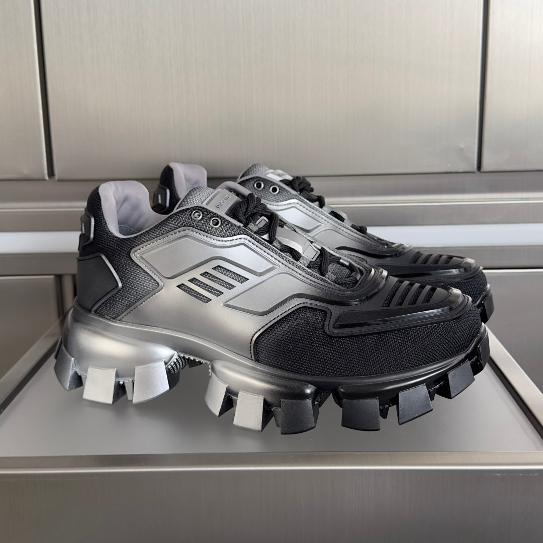 Prada unisex chunky sneakers, silver and black, lace-up with spiked rubber sole