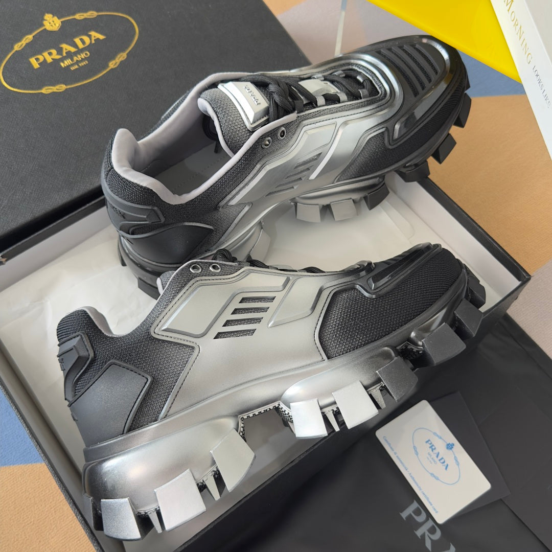 Prada chunky sneakers, silver leather-look and black textile, lace-up with spikes