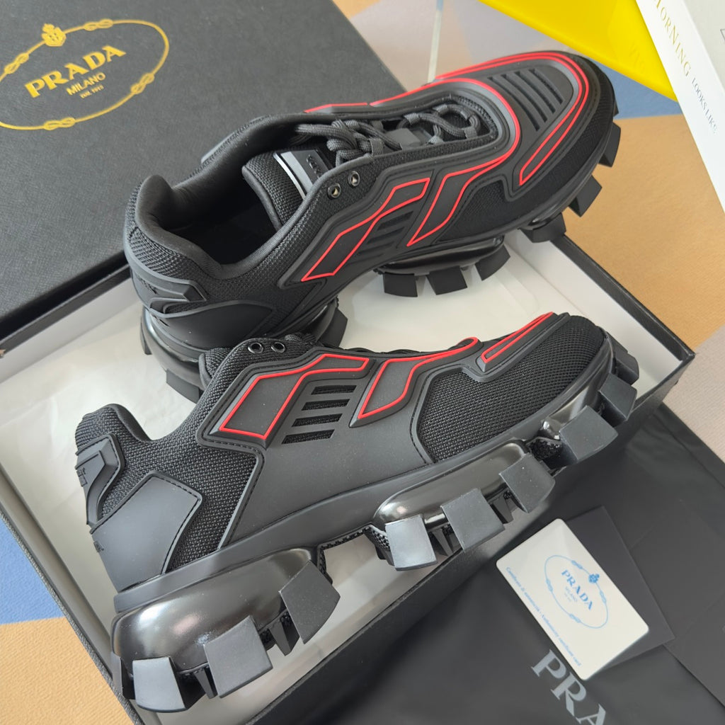 Unisex luxury shoes, dark uppers with red trim, heavy lug sole; lace-up