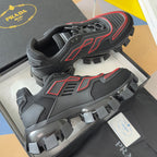 Unisex luxury shoes, dark uppers with red trim, heavy lug sole; lace-up