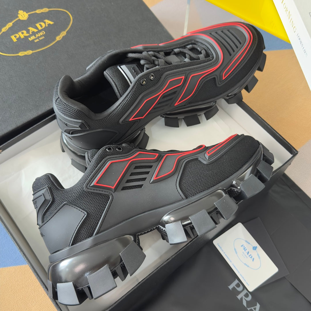 Unisex luxury shoes, dark uppers with red trim, heavy lug sole; lace-up